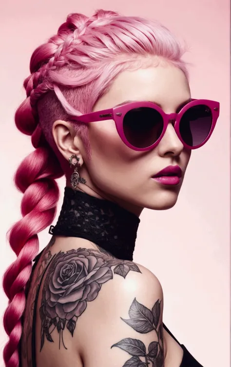 UHD ultra precise 8K digital copy of a arafed woman with pink hair and sunglasses with a tattoo on her chest, pink shadows, pink glasses, pink and red color style, bubblegum hair, woman with rose tinted glasses, pink hair, pink mohawk, shades of pink, eleg...