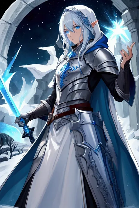 Hooded, winter,eladrin elf, male,paladin,sorcerer, with a sword and shield,blue eyes