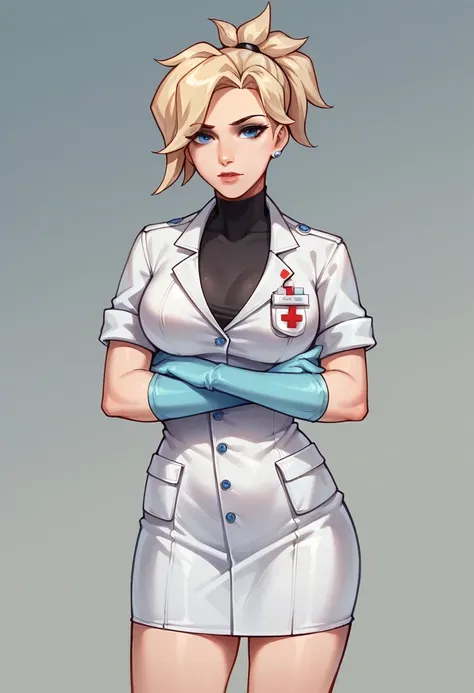 1 girl, overwatch mercy, angela ziegler, ((black long medical gloves)), (paramedic uniform), looks at the viewer, standing, One

