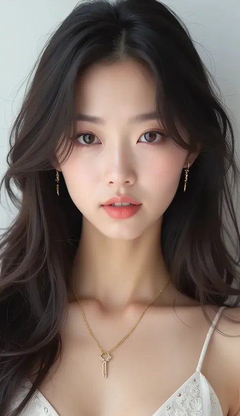 Korean KPOP Idol ((Top quality)), ((masterpiece)), detailed, Perfect face, frontal, Long hair, Forehead, serious expression, thin gold necklace, small earrings, 