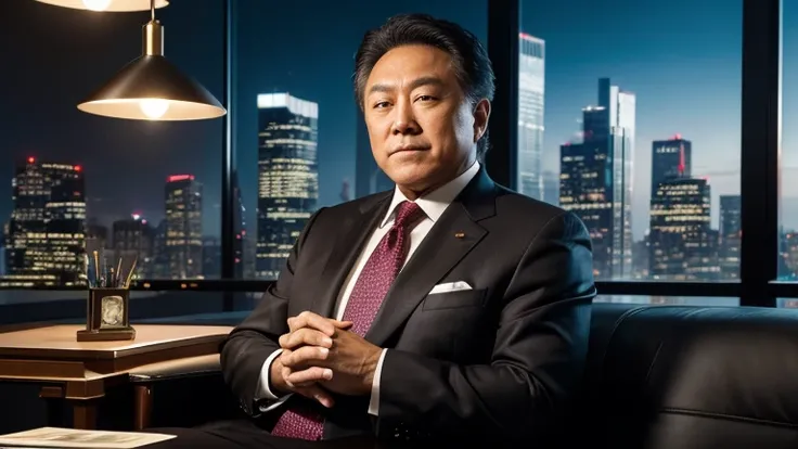 "A portrait of Robert Kiyosaki, looking serene and confident, surrounded by various sources of income symbolically represented around him. He is on the right side of the image, wearing a smart cybernetic suit, with investment charts, real estate, stock boo...