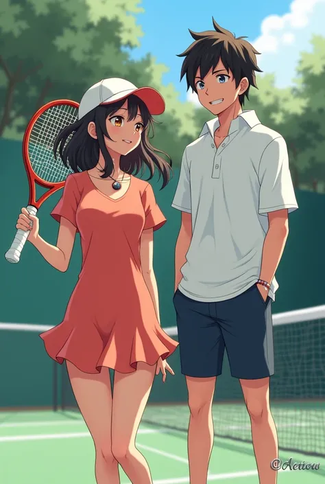 Anime, Lucina is wearing a Tennis Dress she is playing Tennis with her boyfriend he is wearing a Massive Popped Collar Polo