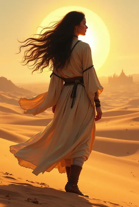 A woman in a desert wakes up covered in desert sand. Behind her is a city typical of desert places. Long hair blowing in the wind, silhouette, striking eyes. Design: Loose tunics that reach the knees, with wide sleeves. Accessories: Leather belts or ropes ...