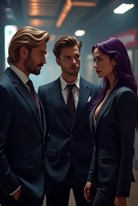 Attractive Blond Man, handsome western man with brown hair, japanese woman with beautiful long purple hair, gta, 3 people, formal clothes, beautiful, mobsters, Italian Mafia, business partners, 