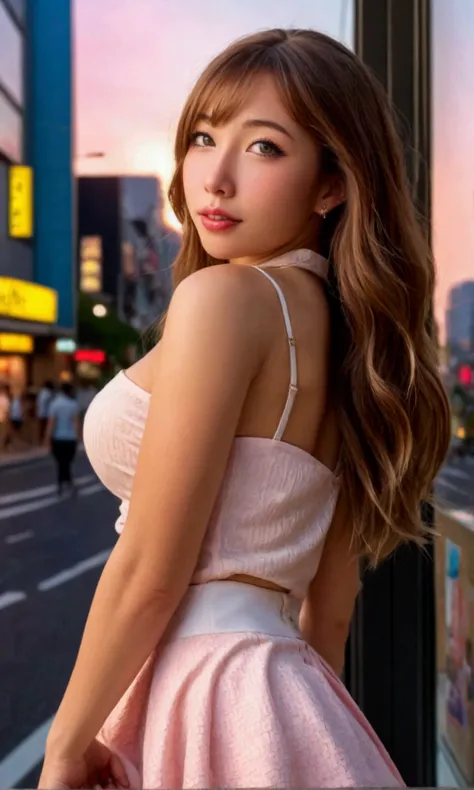 a cute woman in a tight pastel blouse with no bra, a cute skirt, matching pumps, erect nipples, happily looking at store window displays, view focused on her breasts, Tokyo, busy city at sunset, (best quality,4k,8k,highres,masterpiece:1.2),ultra-detailed,(...