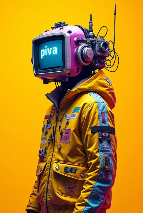 (((Anime))), “A detailed illustration of a futuristic figure with elements of cybernetics,((sci-fi)) style art (((niji))). The figure is wearing a yellow jacket with several colorful and unique patches. In place of the head, there is a complex electronic d...