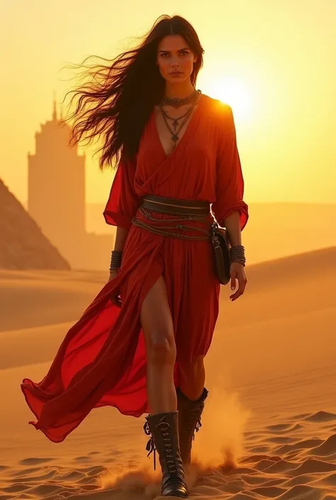 A woman in a desert wakes up covered in desert sand. Behind her is a city typical of desert places. Long hair blowing in the wind. Silhouette and striking eyes. Design: Loose red tunics that reach the knees, with wide sleeves. Accessories: Leather belts or...