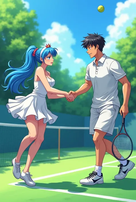 Anime, Princess, Lucina is wearing a Tennis Dress she is playing Tennis with her Prince boyfriend he is wearing a Massive Popped Collar Polo