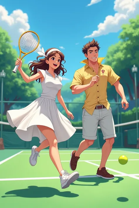 Anime, Princess, Lucina is wearing a Tennis Dress she is playing Tennis with her King boyfriend he is wearing a Massive Popped Collar Polo