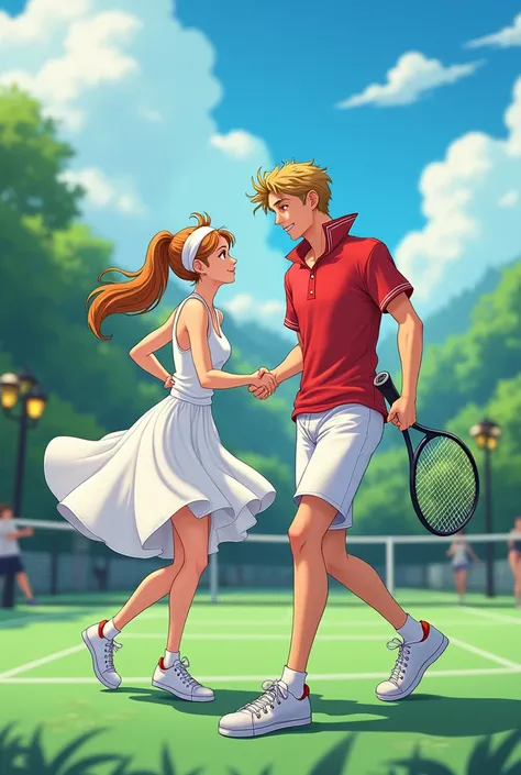 Anime, Princess, Lucina is wearing a Tennis Dress she is playing Tennis with her King boyfriend he is wearing a Massive Popped Collar Polo