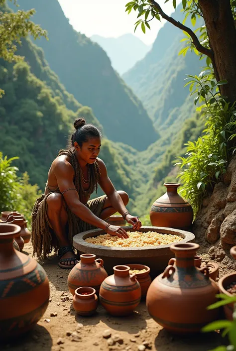 Create image of fermented conversation techniques (He put drinks in clay pots and covered them )in pre-Columbian times