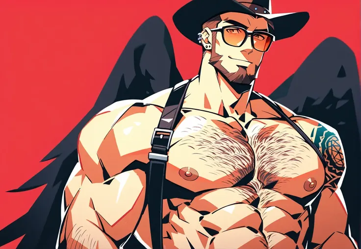 a bearded tattooed muscle cowboy with angel black wings posing like stripper, sfw, solo,  muscular man, perfect anatomy, balance...