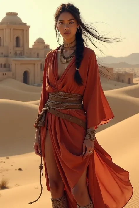 A woman in the desert wakes up covered in desert sand. Behind her is a city typical of desert places. Long hair blowing in the wind. Haylujan-style Freckles, side braid, dark brown hair Striking silhouette and eyes. Design: Loose red robes that reach the k...