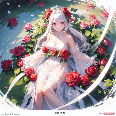 masterpiece,High resolution,Best Quality,Anatomically correct,Accurate,Rose flower person、Rose Fairy、Rose Costume、Surrounded by roses、A gentle gaze、A kind smile,White Hair Color,One Girl, Alone, 