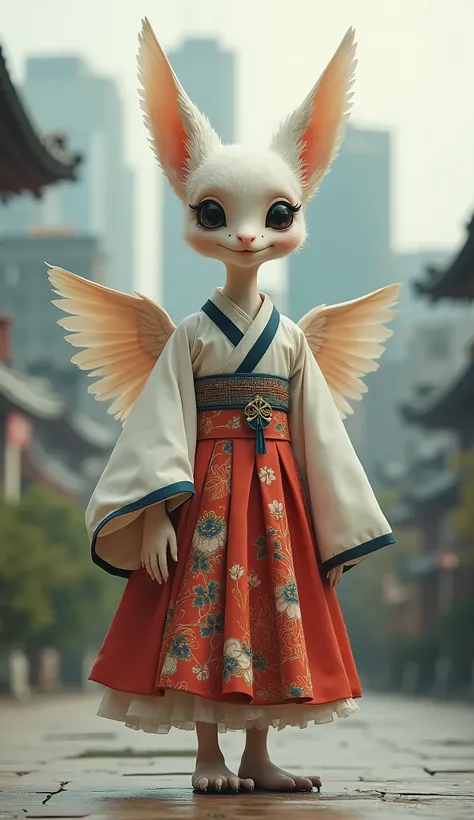 Photorealistic baby with crane-like features: delicate beak, small wings on back. Wearing traditional Korean hanbok with vibrant silk patterns. Urban Seoul backdrop, modern skyscrapers in view. Full body view, standing elegantly. Real life, detailed, 4k.