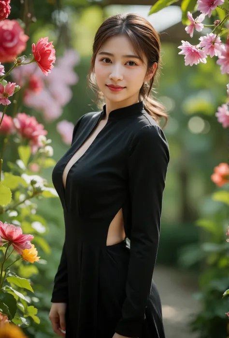 beautiful asian woman with chubby face smiling charmingly 20 years old wearing a long sleeved black dress with a small slit belo...