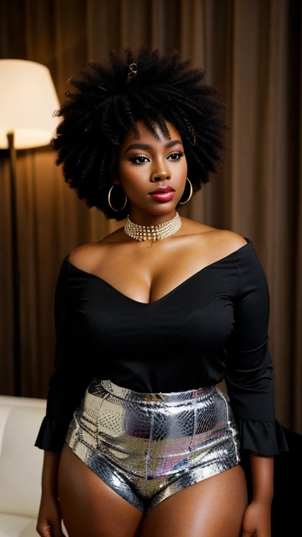 uma mulher com um big afro hair usando um colar, afro, black woman, big afro, Afro-americano, , afro futurist, com afro, afro hair,, beautiful woman, photo of a black woman, African black princess, African-American woman, afro futurism, stunning woman, dar...