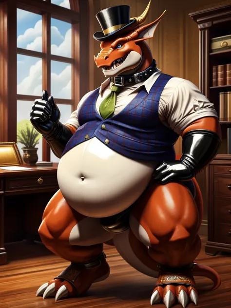 Shenron, thick brown leather collar, leather collar around the neck, large leather collar, white rubber gloves on hands and feet, wearing white spats on feet, white fancy spats on feet, fancy white spats on feet, dapper spats, bulging belly, large belly, c...