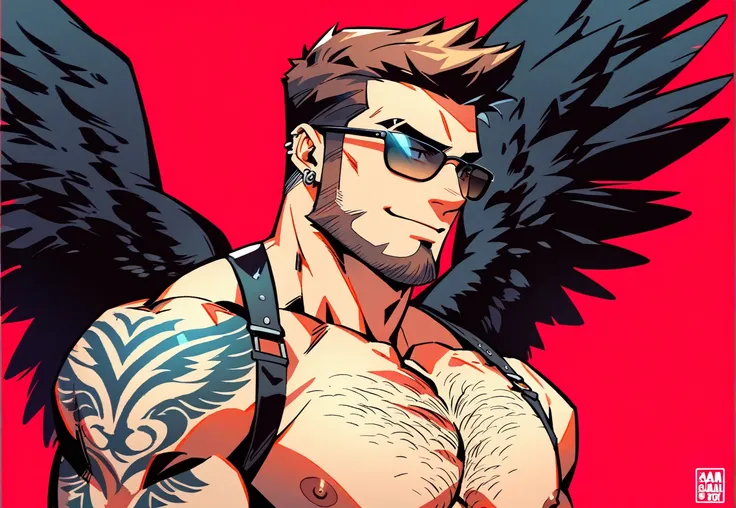 a bearded tattooed muscle cowboy with angel black wings posing like stripper, sfw, solo,  muscular man, perfect anatomy, balance...