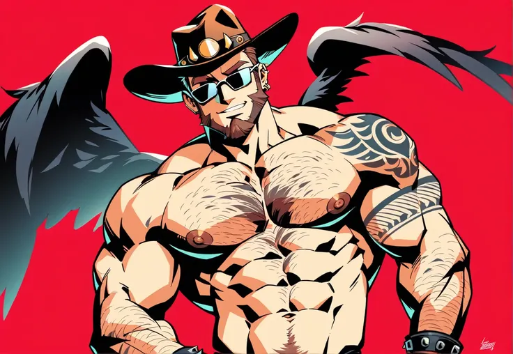 a bearded tattooed muscle cowboy with angel black wings posing like stripper, sfw, solo,  muscular man, perfect anatomy, balance...