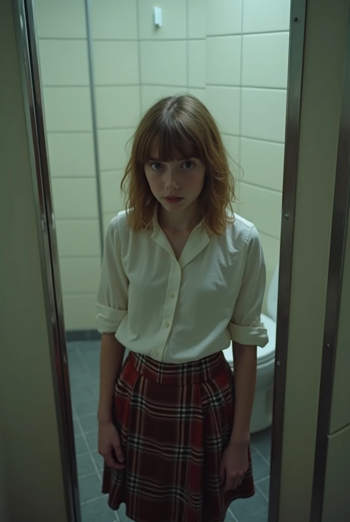 ((High definition, masterpiece, 8k, digital photography)), natural illumination, white illumination, ((Full body shot)), ((A young teenager standing outside of a bathroom stall)), ((Scared)), ((Looking at viewer)), ((White blouse)), ((Tartan skirt)), ((Mes...