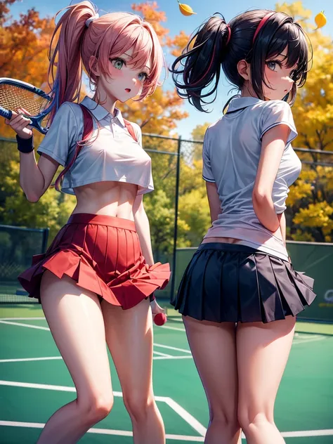 Two girls playing tennis, wearing tennis skirts and tight shirts, nipples visible, medium breasts, high resolution, skirts blowing in the wind, girls pulling up their shirts, multi-colored hair, autumn leaves