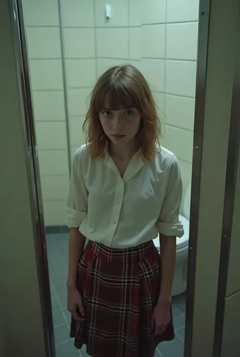 ((High definition, masterpiece, 8k, digital photography)), natural illumination, white illumination, ((Full body shot)), ((A young teenager standing outside of a bathroom stall)), ((Scared)), ((Looking at viewer)), ((White blouse)), ((Tartan skirt)), ((Mes...