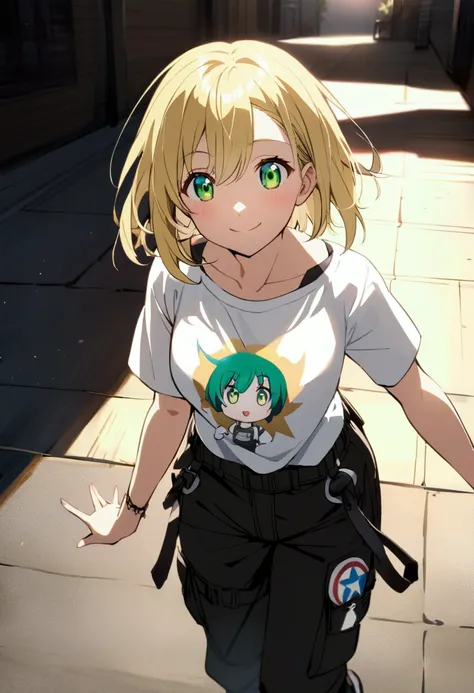 Blonde anime girl with short hair, green eyes, , is attractive, is wearing long black cargo pants, a white shirt with an anime print and all star sneakers, she is smiling friendly