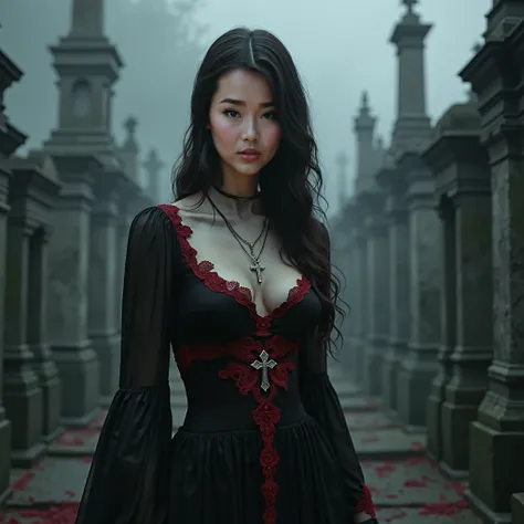 She wears a black dress with bright red lace, a cross hanging from the neck vampire eyes and fangs sticking out of the mouth with blood dripping. He is in a grey cemetery full of tombstones and funerary monuments and looks at the viewer as if he were prey ...