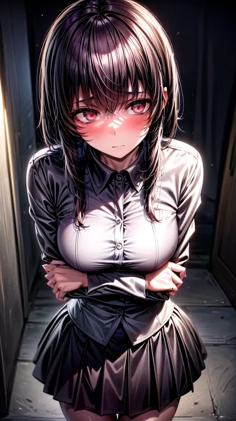 1 girl, black short hair, straight hair, wearing a school uniform, slightly blushing cheeks, serious expression, standing still, black collar, detailed eyes, intricate shading, soft lighting, focused on her face, simple background, beautiful eyes with a hi...