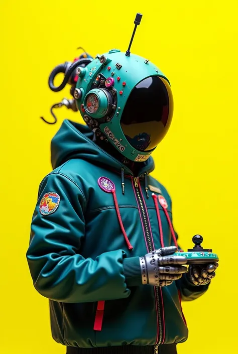 cyberpunk futuristic robot-niji figure with complex electronic device head, dark blue jacket with colorful patches, PlayStation joystick with colored buttons and touchpad, exposed wires and electronic components, antenna, bright yellow background, color pa...