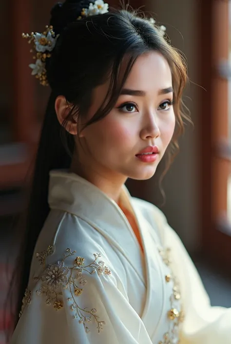 There is a cartoon girl dressed in a dress., Chinese dress, delantal Hanbok, Chinese costume, Traditional Chinese costume, close up view, Hanbok, wearing ancient Chinese costume, with ancient Chinese costume, palace, a girl in hanfu, White Hanfu, cheongsam...