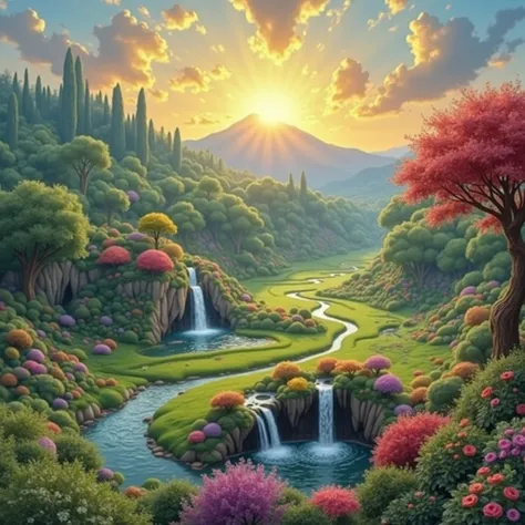 Israel- Fantastic - Painting Style Waterfall Soft painting style Brightly colored Bright light a wonderful heavenly garden, rainbow reflected on a splendid river valley of eden sea a wonderful valley,Morning Sun, river, Rose, Pastel pink path, Beautiful at...