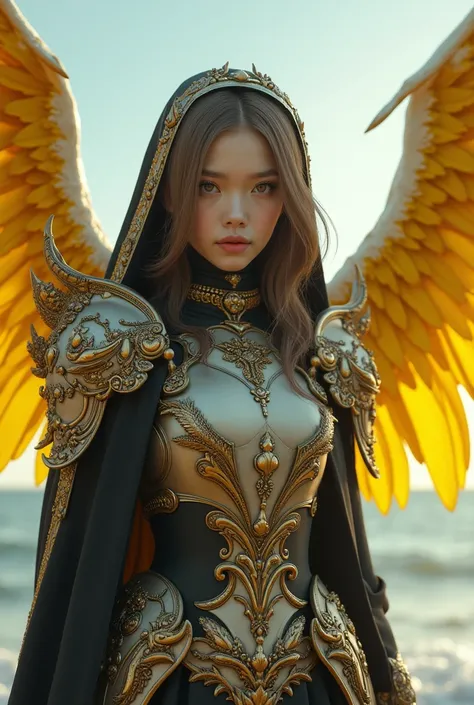 ((raw photo)), ((masterpiece)), anthropomorphic humanoid AngelGirl wearing nuns armor, intricate detail, futobot, intricate Greebles pieces, sea behind, yellow wings, beautiful, detailed eyes and lips