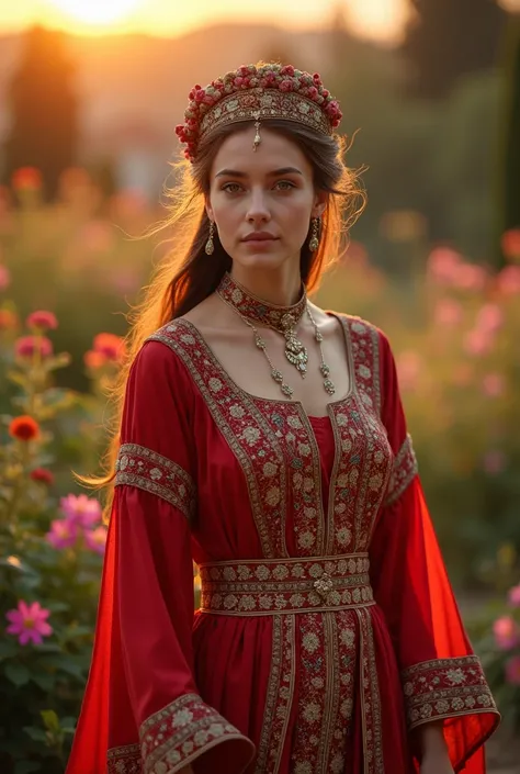 A young woman, whose name is Zeynep, wears traditional Turkish clothes from the  era. Her outfit was completed with an exquisitely embroidered caftan and a shalwar made of fine silk. She has a colorful inscription on her head and a thin gold necklace aroun...