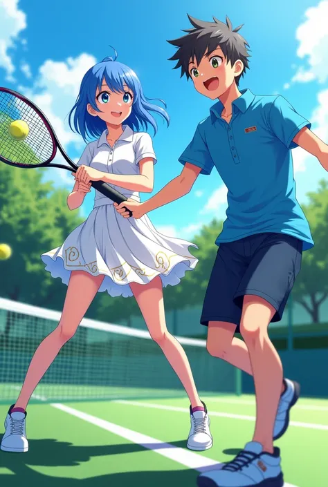 Anime, Lucina is wearing a Tennis Dress she is playing Tennis with her boyfriend he is wearing a Massive Popped Collar Blue Polo