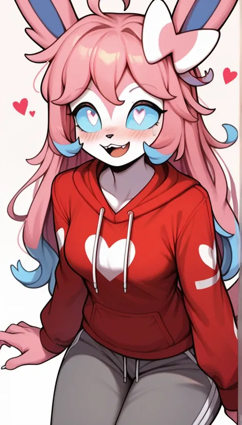 Loving expression, Happy expression, 1girl, anthro, furry, fur, fluffy fur, fluffy big pink tail, sylveon girl, pink hair, long hair, messy hair, cyan hair highlights, (19 years), white heart eyes, cyan sclera, medium breast, thicc thighs, (anywhere), red ...