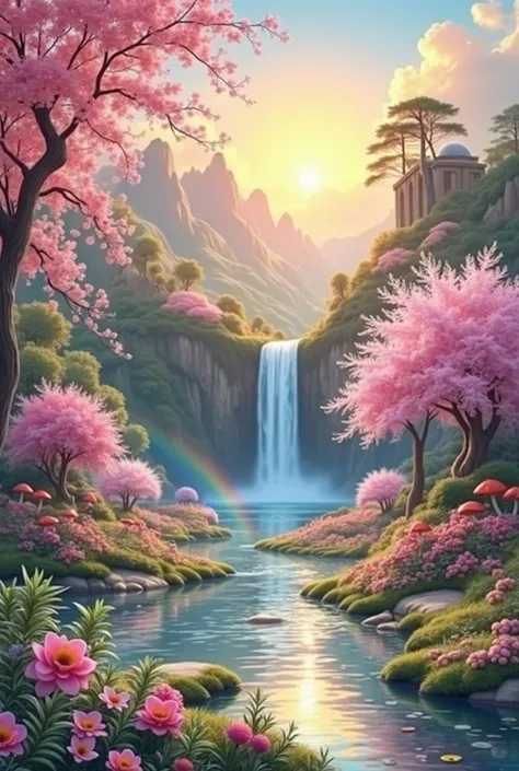 Israel- Fantastic - Painting Style Waterfall Soft painting style Brightly colored Bright light a wonderful heavenly garden, rainbow reflected on a splendid river valley of eden sea a wonderful valley,Morning Sun, river, Rose, Pastel pink path, Beautiful at...