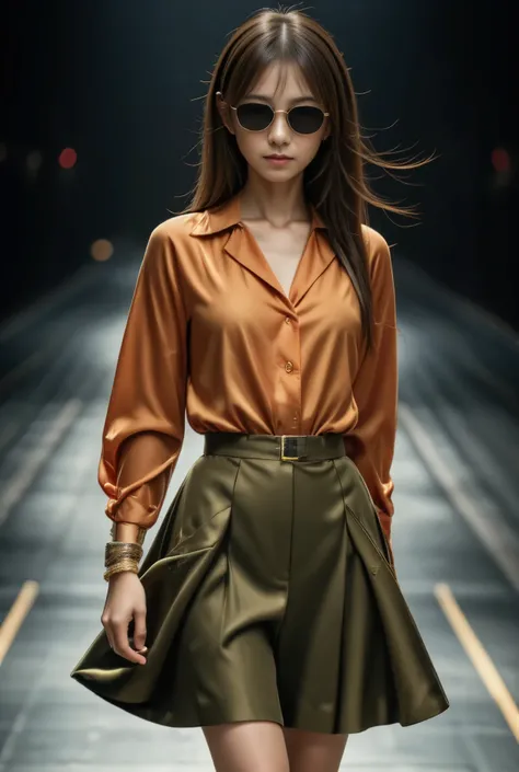 photo of Japanese girl, 1girl, long hair, brown hair, slim body shape, photograph showing head to knee, 

The loose-fitting olive green skirt has multiple layers creating a voluminous cascading effect. The skirt is paired with a long-sleeved blouse in burn...