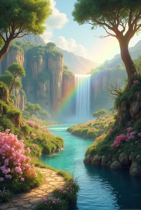 Israel- Fantastic - Painting Style Waterfall Soft painting style Brightly colored Bright light a wonderful heavenly garden, rainbow reflected on a splendid river valley of eden sea a wonderful valley,Morning Sun, river, Rose, Pastel pink path, Beautiful at...