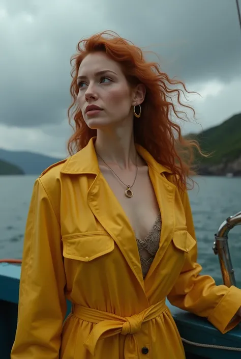 (masterpiece:1.2), best quality, photo of beautiful female fisherman, gingerhair, 40yo, wearing yellow raincoat,  (on fishing boat:1.3),  dark clouds, Photorealistic, Hyperrealistic, Hyperdetailed, analog style, hip cocked, demure, low cut, detailed skin, ...