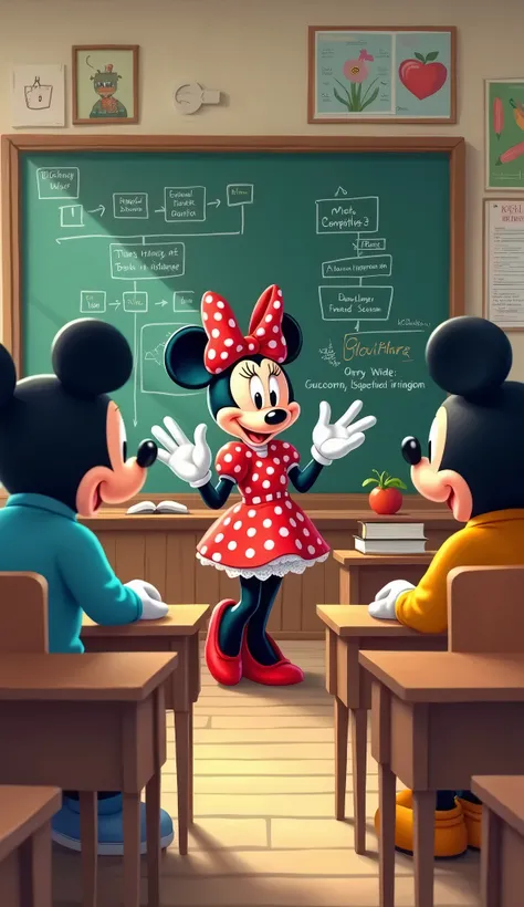 Minnie teaching with the board behind her and Mickey and other characters sitting at school desks