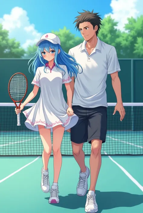 Anime, Lucina is wearing a Tennis Dress she is playing Tennis with her boyfriend he is wearing a Massive Popped Collar Polo while looking up her skirt