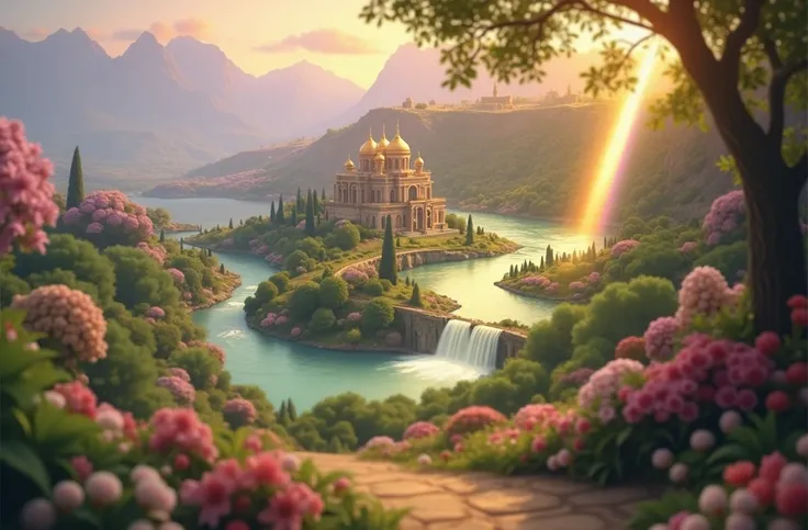 Israel- Fantastic - Painting Style Waterfall Soft painting style Brightly colored Bright light a wonderful heavenly garden, rainbow reflected on a splendid river valley of eden sea a wonderful valley,Morning Sun, river, Rose, Pastel pink path, Beautiful at...