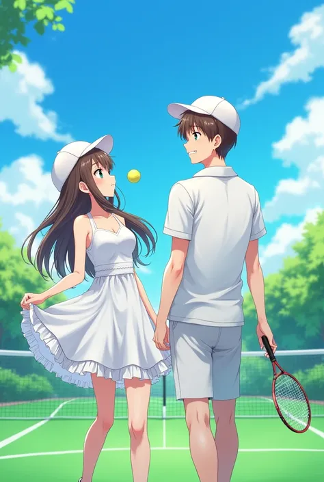 Anime, Lucina is wearing a Tennis Dress she is playing Tennis and holding up her skirt with her boyfriend he is wearing a Massive Popped Collar Polo