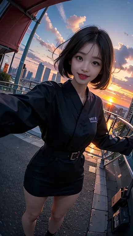 One person, Korean, Fisheye Lens, Selfie, wind, Messy Hair, sunset, Cityscape, (Aesthetics and atmosphere:1.2),smile