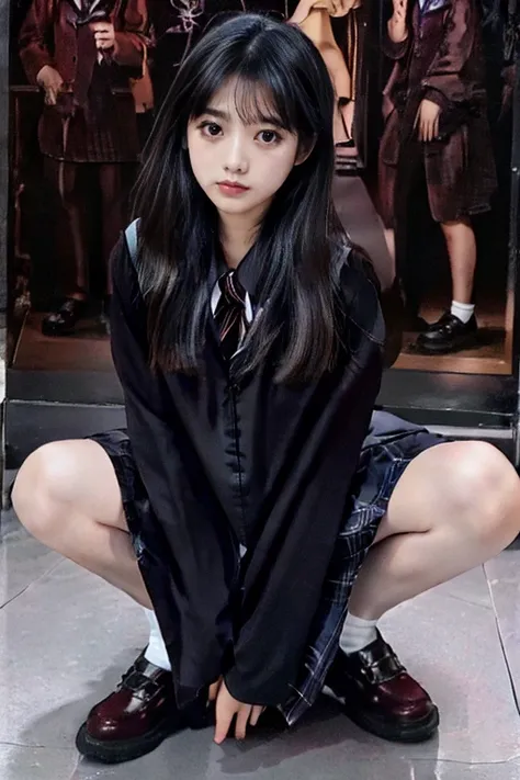 one girl, school uniform、high resolution, black hair、long hair、gray eyes、red lipstick、red blush、whole body、