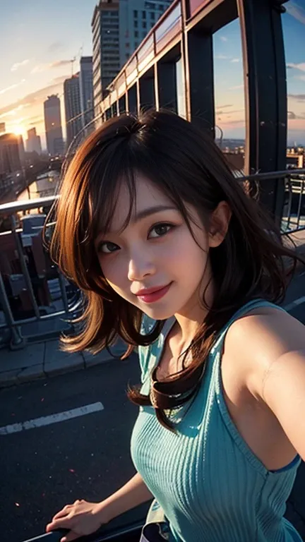 One person, Korean, Fisheye Lens, Selfie, wind, Messy Hair, sunset, Cityscape, (Aesthetics and atmosphere:1.2),smile