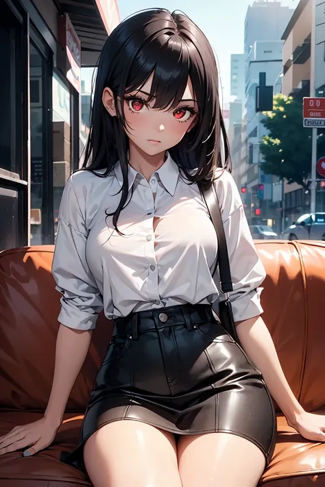 ((1 girl)), Latest Fashion Trends, cool, ((Red Eyes)), Shiny black hair, Liar, mischief, Street Fashion,White shirt, Sit on the sofa, Relaxed pose,Cowboy Shot,((Very detailed,Please redeem, High resolution, 8K wallpaper, Beautiful clothes,)),Eyeshadow, Eye...