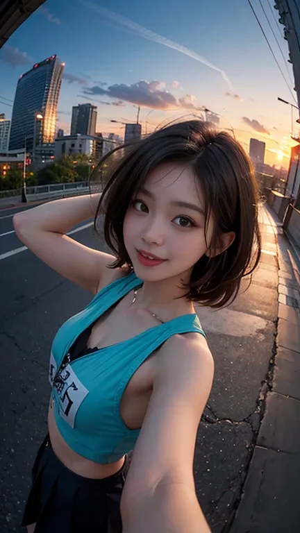 One person, Korean, Fisheye Lens, Selfie, wind, Messy Hair, sunset, Cityscape, (Aesthetics and atmosphere:1.2),smile